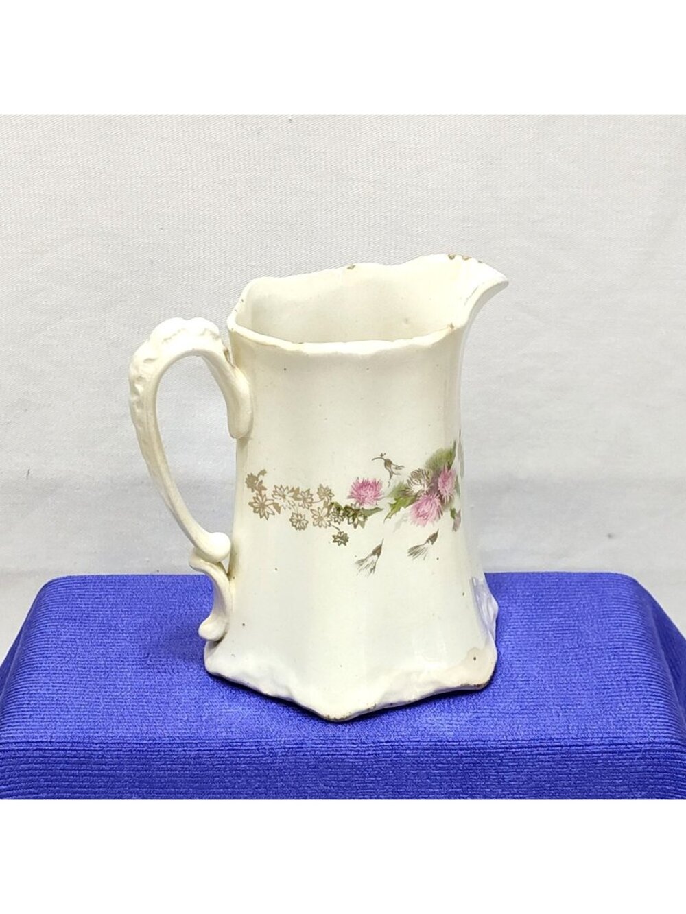 US Pottery Semi-Vitreous Porcelain Pitcher w/ Gold Gilding Floral Design Antique